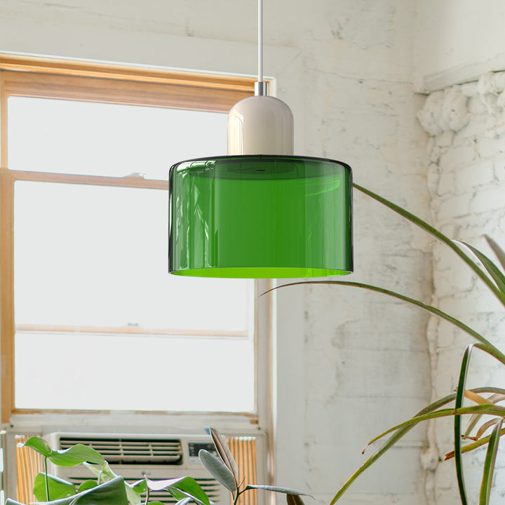 Lampa sufitowa szklana, kolorowe elementy geometryczne, design Bauhaus do salonu.