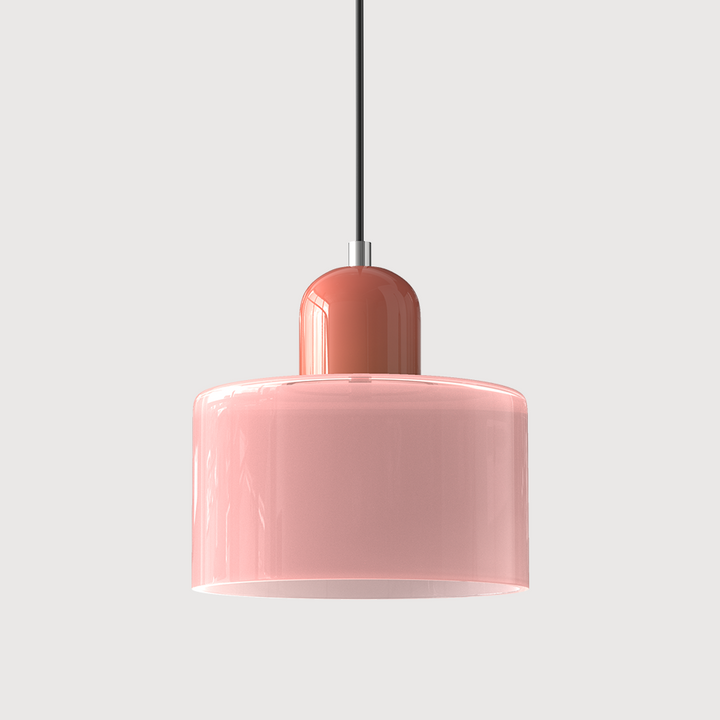 Elegancka lampa sufitowa, szklana, geometryczny klosz, styl Bauhaus, do jadalni.