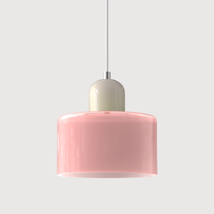 Lampa sufitowa Bauhaus, geometryczne szkło, kolorowe detale, designerskie oświetlenie.