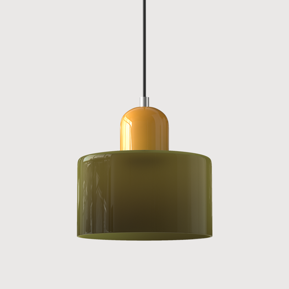 Kolorowa lampa sufitowa szklana, geometryczny design, nowoczesne oświetlenie jadalni.