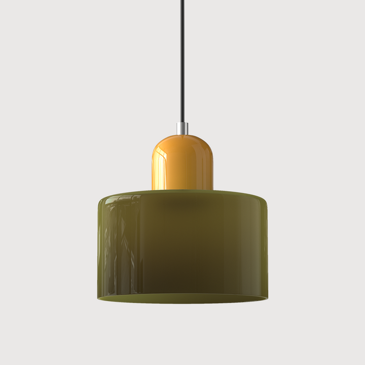 Kolorowa lampa sufitowa szklana, geometryczny design, nowoczesne oświetlenie jadalni.
