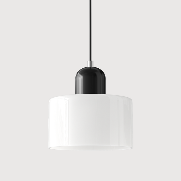 Nowoczesna lampa sufitowa szklana, geometryczne detale, design Bauhaus, widok z dołu.