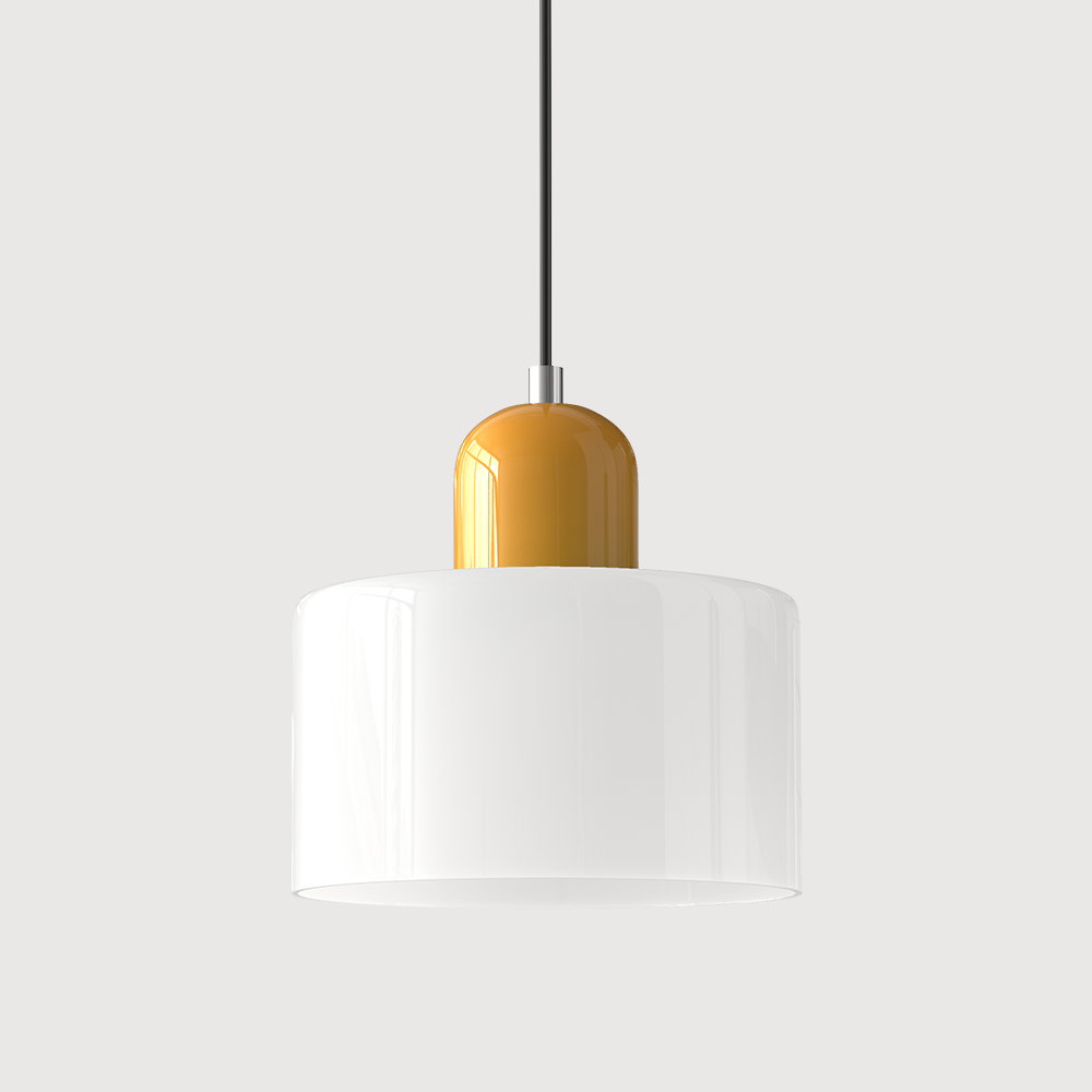 Designerska lampa sufitowa szklana, geometryczny wzór, oświetlenie Bauhaus na tle.