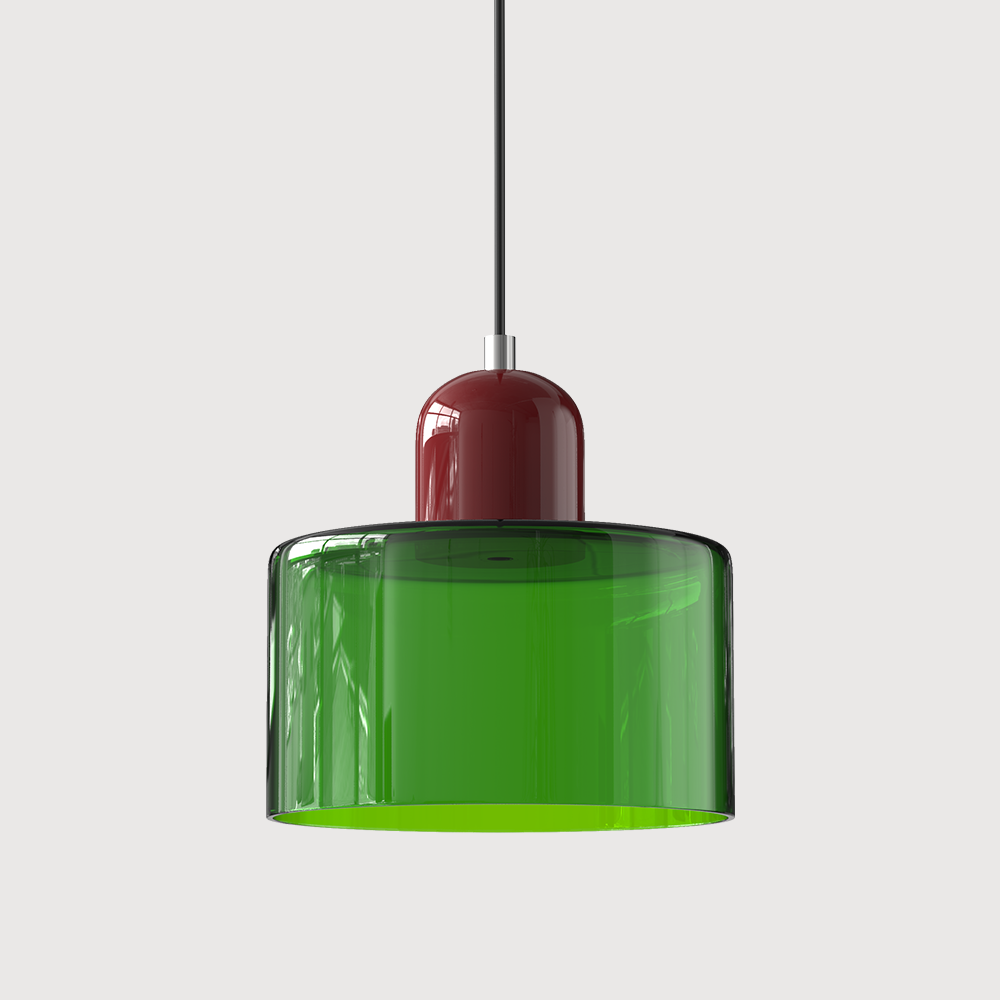 Lampa sufitowa szklana, geometryczna, kolorowe akcenty, nowoczesny wystrój Bauhaus.