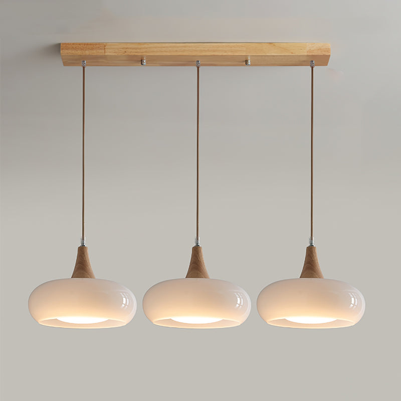 Skandynawska lampa sufitowa z drewna i szkła. Idealna do jadalni, regulowana.