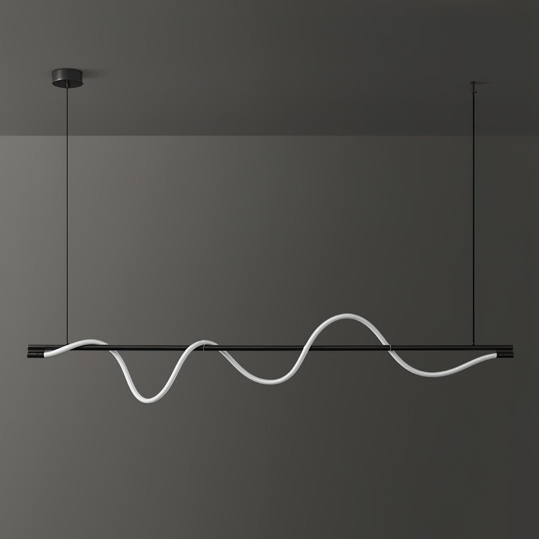 Długa czarna lampa wisząca LED, designerskie oświetlenie wnętrza.