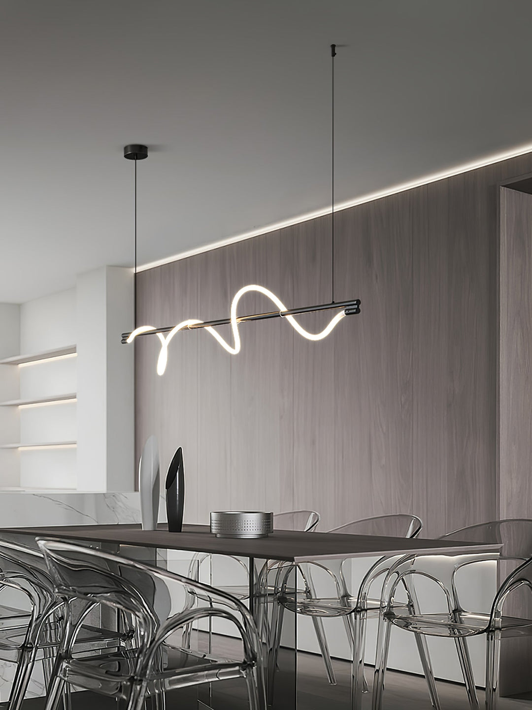 Lampa wisząca LED z mosiądzu, ściemniana, do eleganckiej jadalni.
