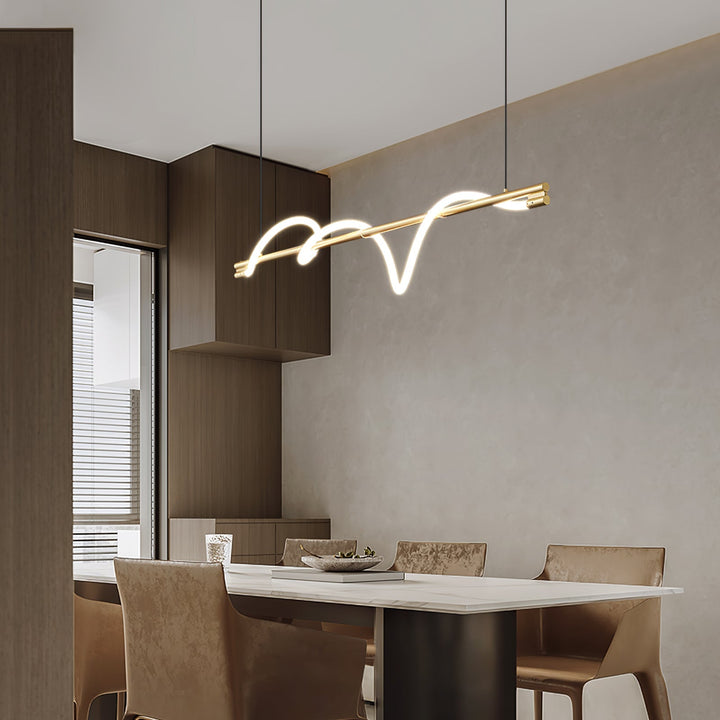 Ściemniana lampa wisząca LED, długa, do nowoczesnego salonu.
