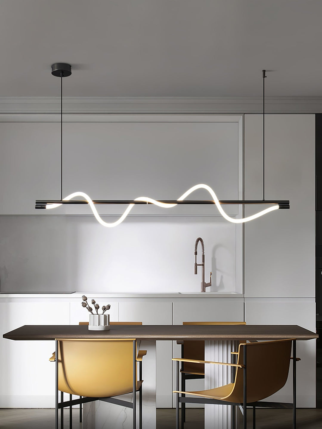Minimalistyczna lampa wisząca LED, ściemniana, do jadalni.