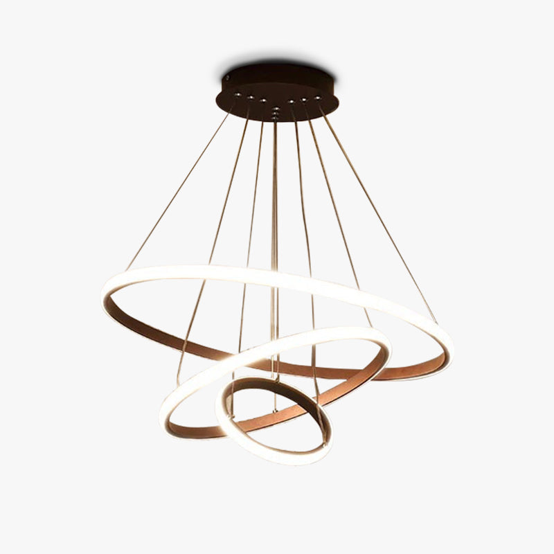 Nowoczesna lampa wisząca LED z minimalistycznymi pierścieniami, idealna do jadalni, ściemnialna.