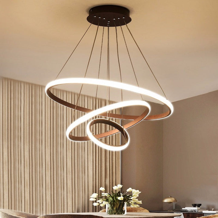 Lampa wisząca LED z minimalistycznymi pierścieniami, nowoczesne oświetlenie dekoracyjne do jadalni.