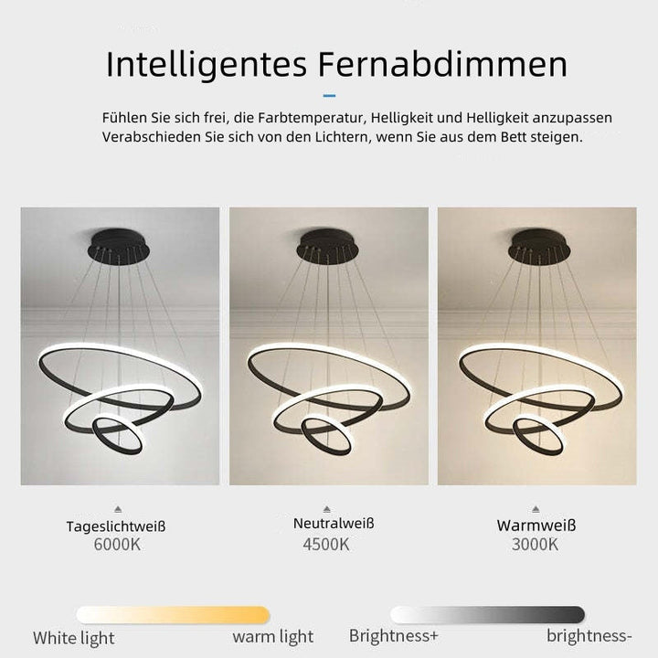 Elegancka lampa wisząca LED z pierścieniami, nowoczesne oświetlenie sufitowe do stylowej jadalni.