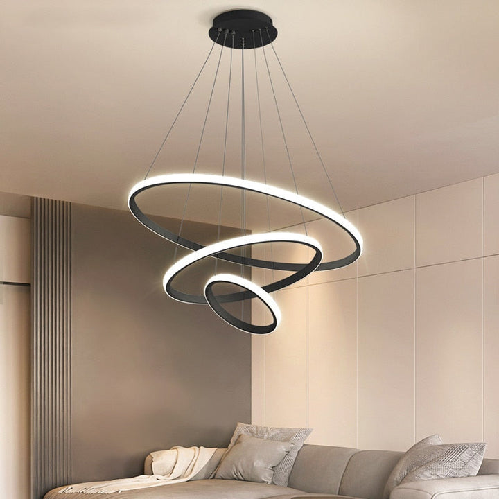 Lampa wisząca LED z trzema pierścieniami, nowoczesne oświetlenie sufitowe do jadalni i salonu.