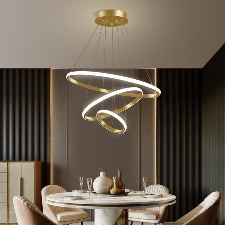 Elegancka, minimalistyczna lampa wisząca LED pierścienie, dekoracja do salonu i jadalni.