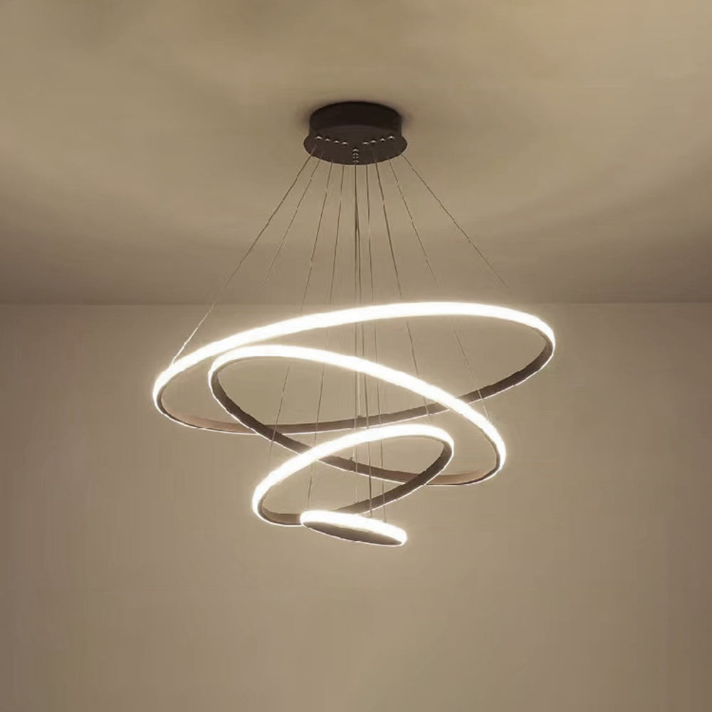 Nowoczesna lampa wisząca LED pierścienie, stylowa dekoracja i oświetlenie do jadalni.