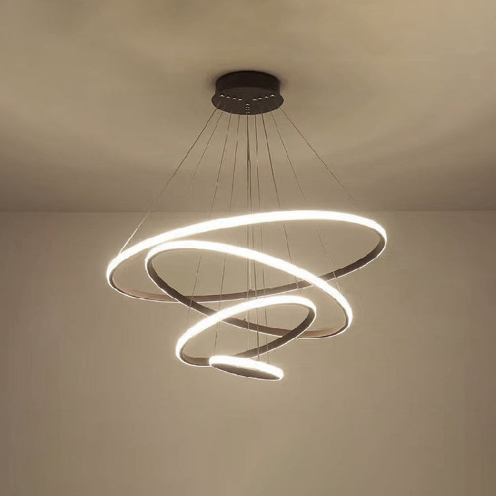 Nowoczesna lampa wisząca LED pierścienie, stylowa dekoracja i oświetlenie do jadalni.
