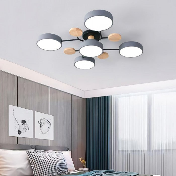 Okrągła lampa LED, minimalistyczny design, idealna do nowoczesnego salonu.