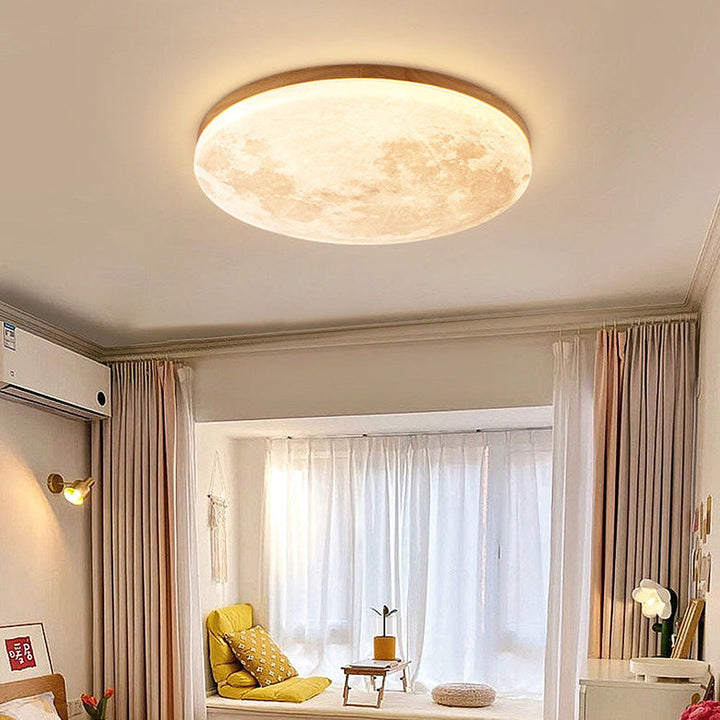 Designerska lampa sufitowa LED, drewniana, okrągła. Nowoczesne oświetlenie domu, minimalistyczne i stylowe.
