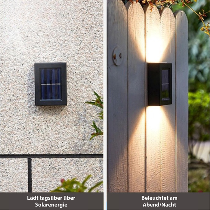Szczegół nowoczesnej solarnej lampy LED z panelem, wodoodporne oświetlenie zewnętrzne, idealne na taras i podjazd.