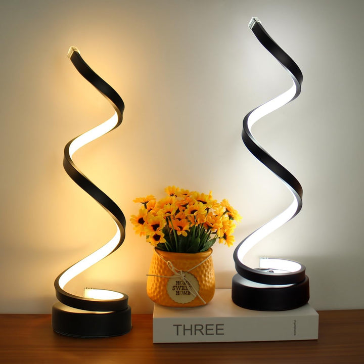 Spiralna lampa stołowa LED z efektem światła. Energooszczędne oświetlenie, nowoczesny design.