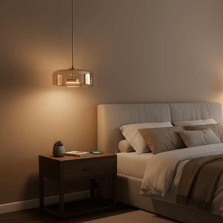 Lampa wisząca LED, szklana, industrialna, czarna, nad stół w jadalni.