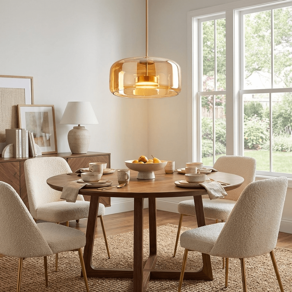 Lampa wisząca szklana, skandynawska, LED, złota, tworzy przytulną atmosferę.