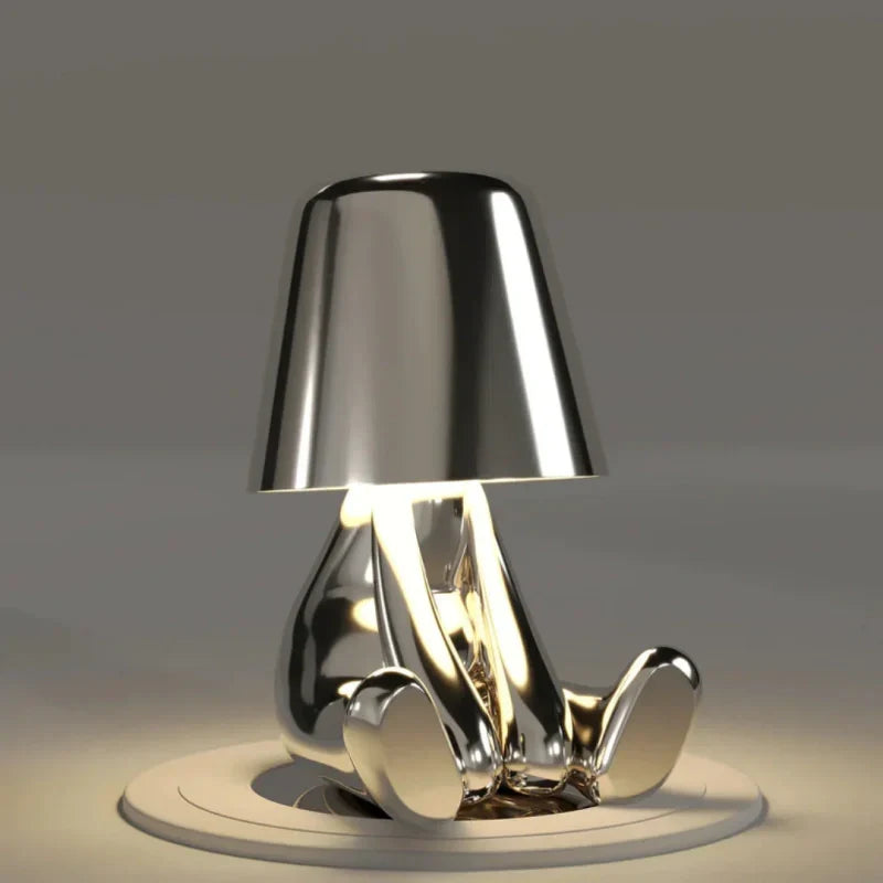 Srebrna lampa design, nowoczesna, dotykowa, stołowa, do eleganckiego wnętrza.