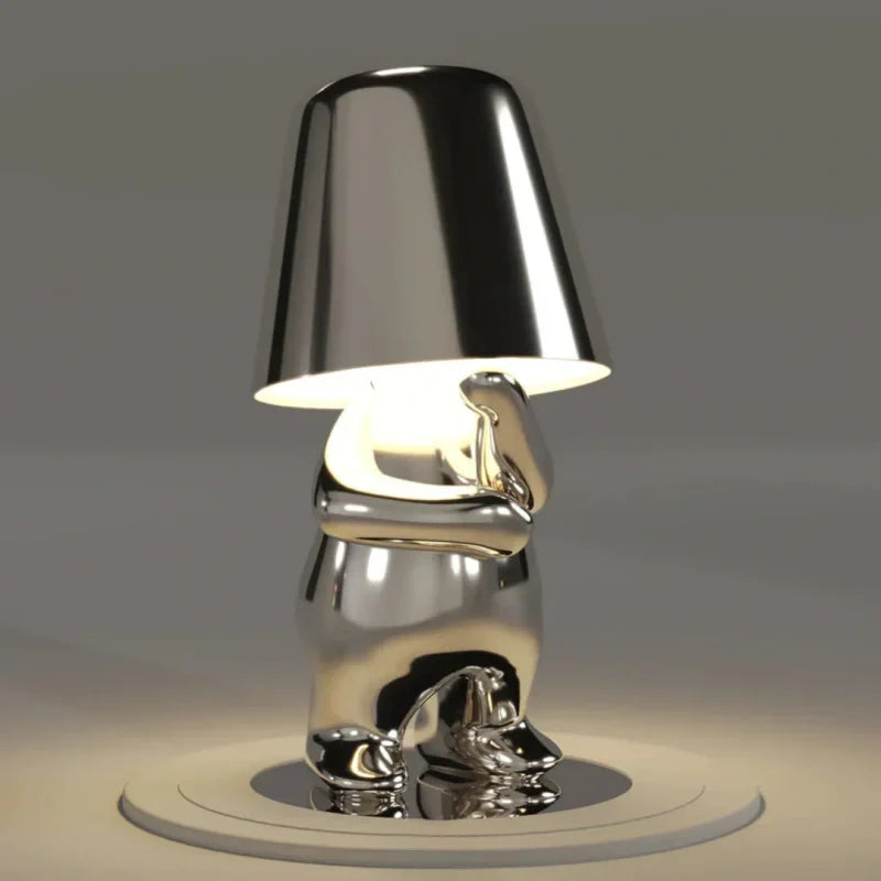 Nowoczesna lampa stołowa, bezprzewodowa, srebrna, akumulatorowa, design.