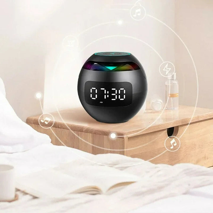 Budzik cyfrowy z oświetleniem LED, łącznością Bluetooth i funkcją głośnika. Uniwersalny do domowego biura.