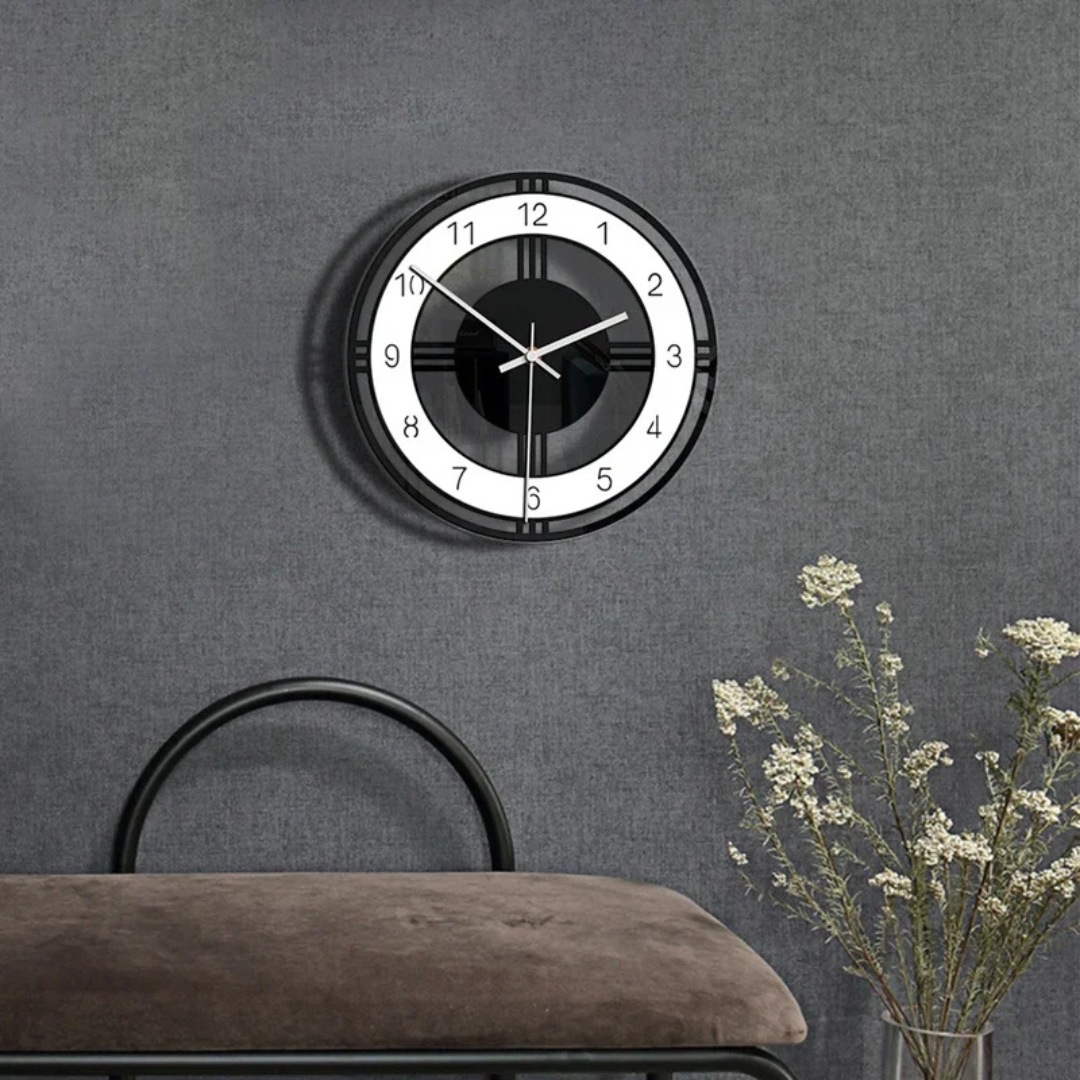 Minimalistyczny zegar ścienny akrylowy, podkreślający nowoczesny design wnętrza.