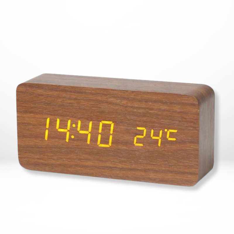 Stylowy drewniany zegar LED na biurko, cyfrowy wyświetlacz czasu i temperatury. Design idealny do każdego wnętrza.