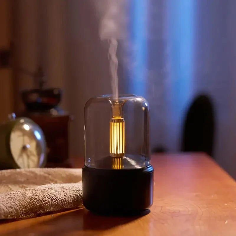 Nowoczesny dyfuzor LED z efektem płomienia, idealny do aromaterapii i relaksu w domu.