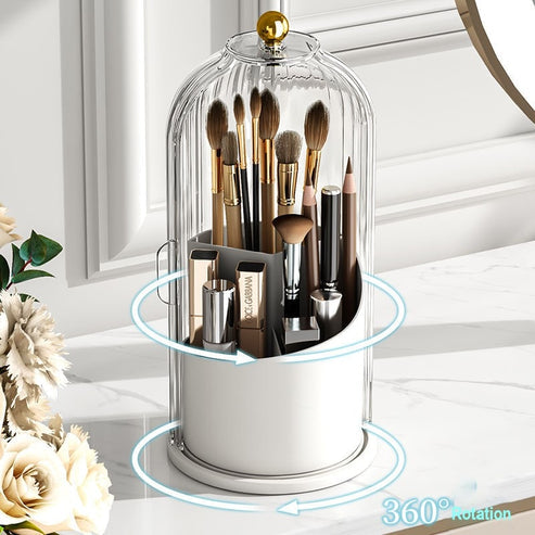 Minimalistyczny organizer BrushLuxe na pędzle, obrotowy. Efektywne przechowywanie kosmetyków, porządek i styl na toaletce.