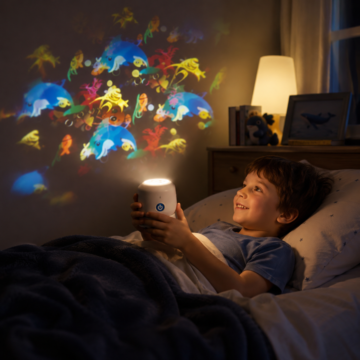 Obrotowy projektor lampka nocna z efektem fal oceanu, idealny do sypialni i relaksu. Tworzy kojący nastrój.