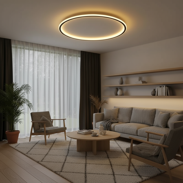 Skandynawska lampa sufitowa LED, okrągły design. Nowoczesne oświetlenie do salonu, sypialni, wnętrz.