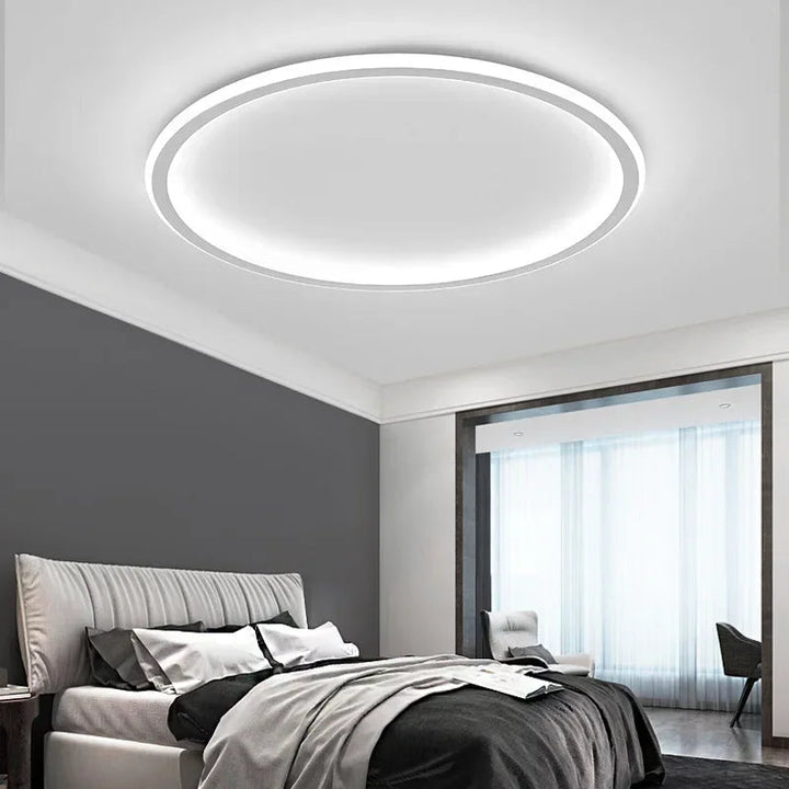 Minimalistyczna okrągła lampa LED, skandynawskie oświetlenie. Nowoczesny design dla salonu i sypialni.