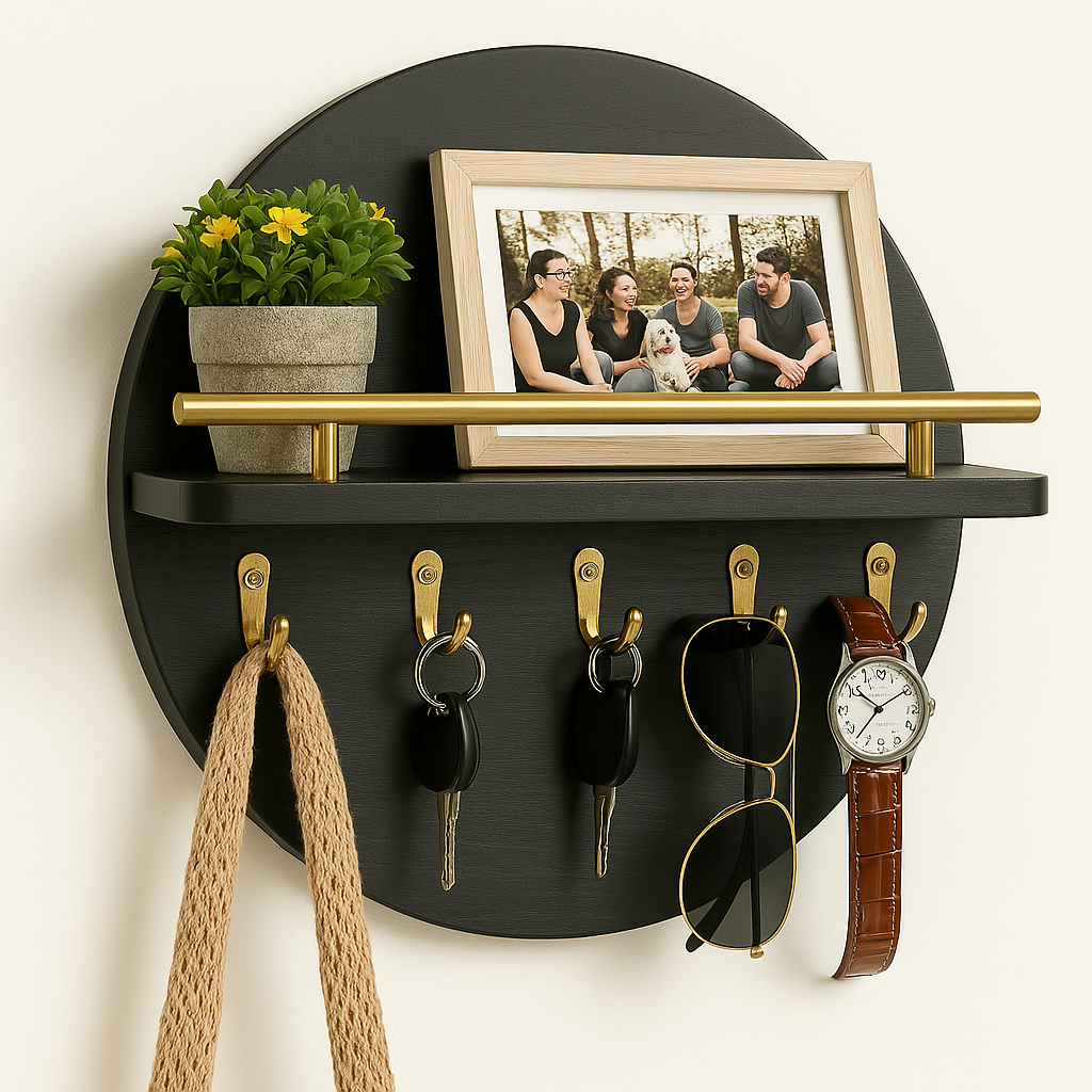 Nowoczesny okrągły drewniany organizer na klucze, elegancki i funkcjonalny element designu.