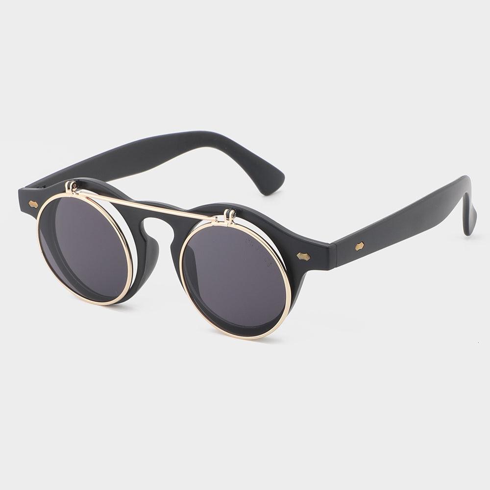 Okulary UV400 unisex z podwójną soczewką i odchylanymi ramkami.