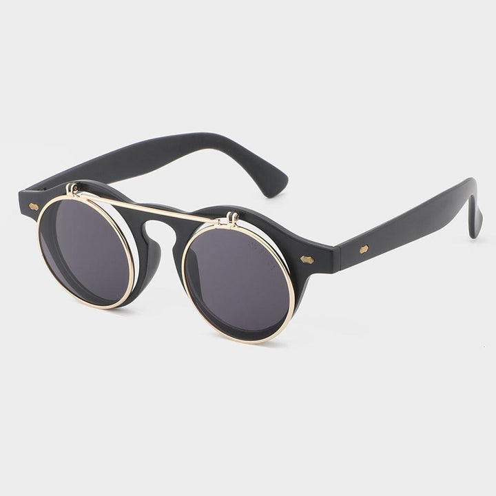 Okulary UV400 unisex z podwójną soczewką i odchylanymi ramkami.