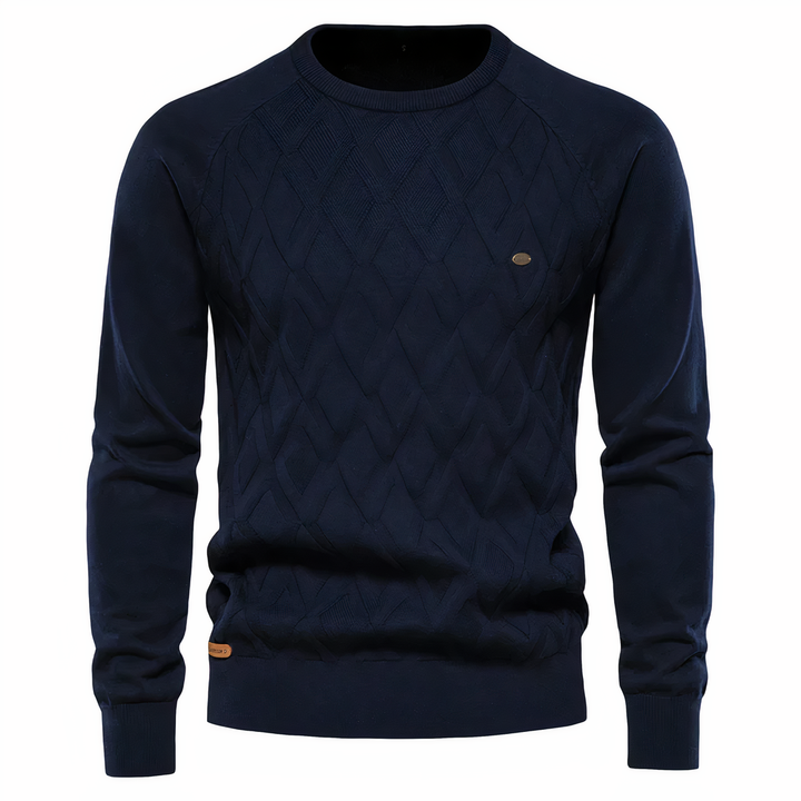 Elegancki sweter męski z wzorem pokazany od tyłu na sylwetce