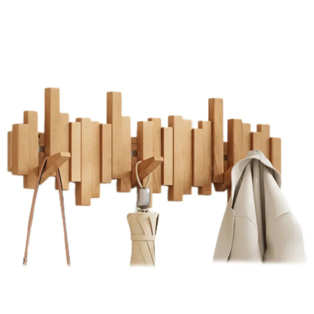 Praktyczny organizer ścienny Piano. Drewniany design, 5 składanych haków. Idealny na płaszcze, torby, akcesoria.