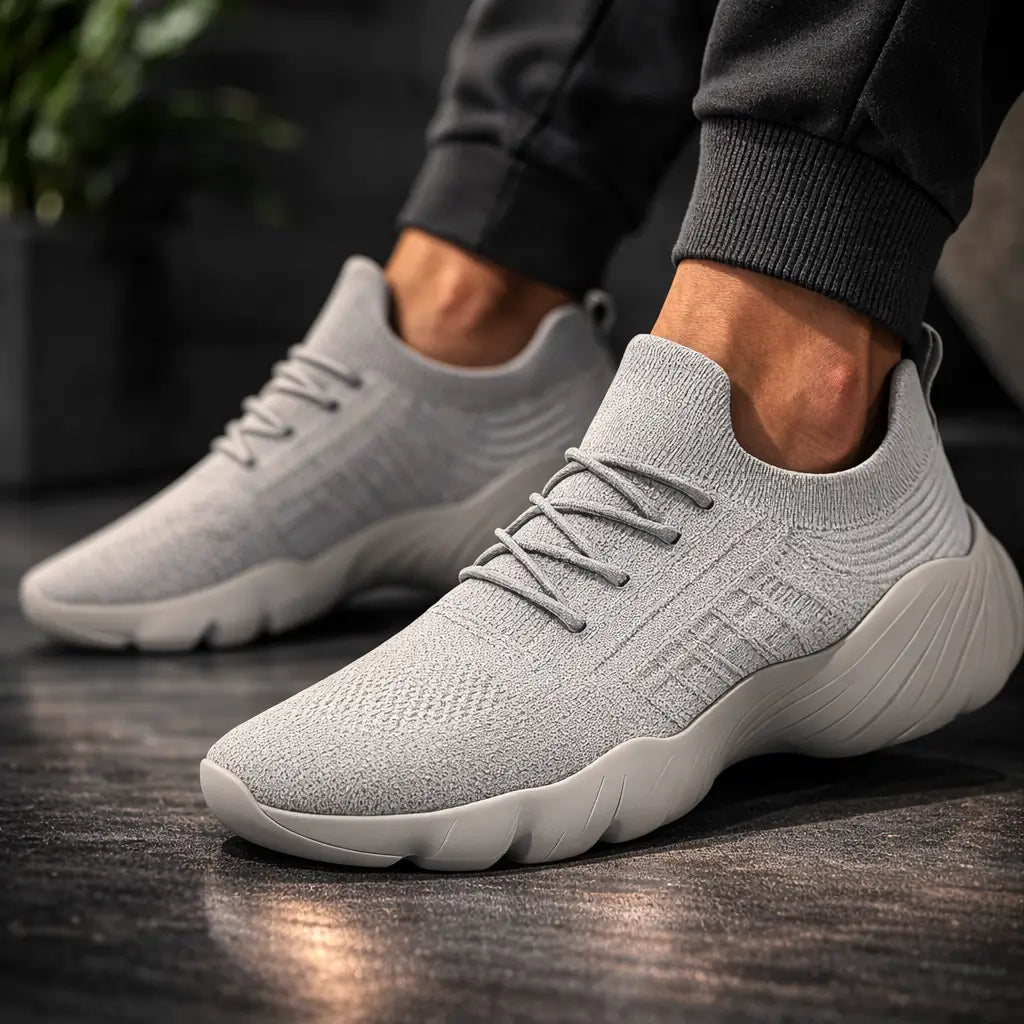 Szare męskie sneakersy ortopedyczne na nodze