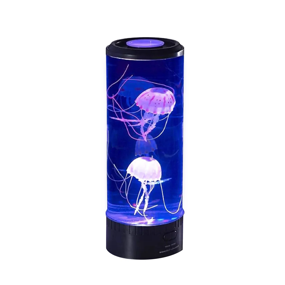 Wysoka lampa LED z akwarium i kolorowymi meduzami na ciemnym tle