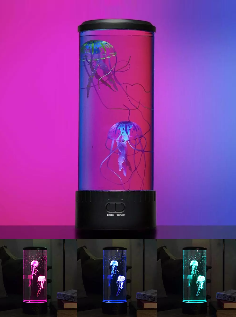 Zbliżenie na sztuczne meduzy wewnątrz dekoracyjnego akwarium LED