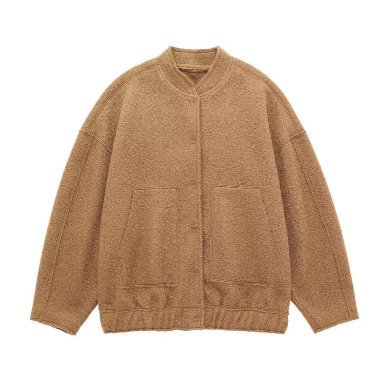 Karmelowy damski sweter bomber oversized z kieszeniami i okrągłym dekoltem