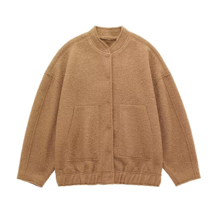 Karmelowy damski sweter bomber oversized z kieszeniami i okrągłym dekoltem
