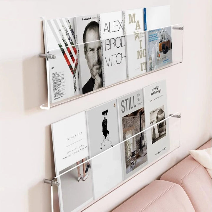 Minimalistyczna półka ścienna do książek, płyt i magazynów, idealna do organizacji.