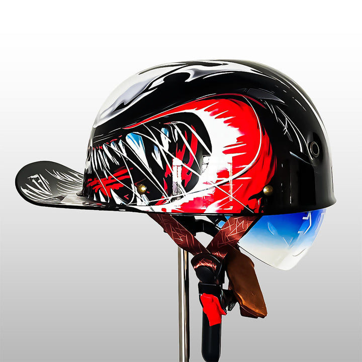Półkask motocyklowy z zapięciem micro-metric, certyfikowana ochrona i bezpieczeństwo.