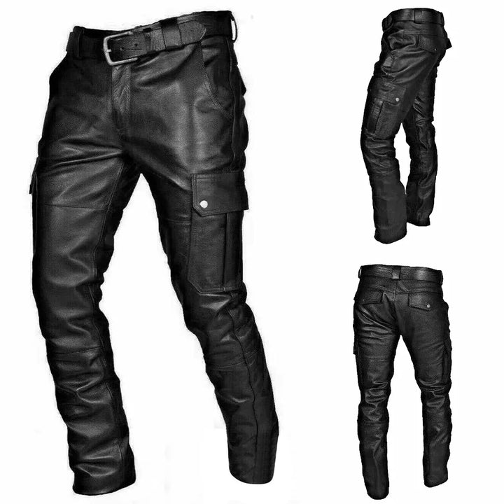 Męskie czarne spodnie motocyklowe ze skóry w stylu rockowym