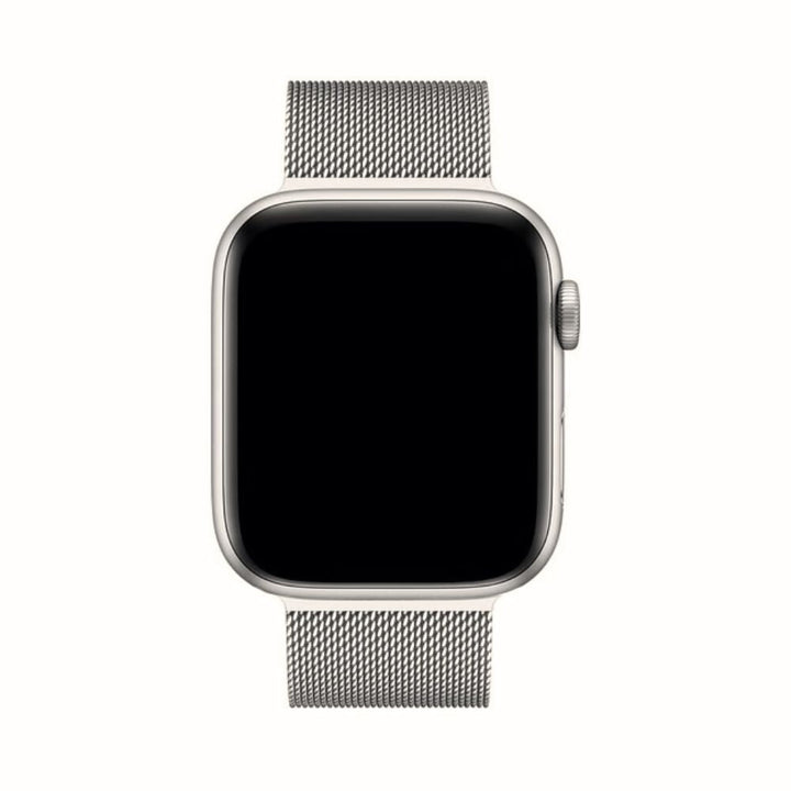 Elegancki srebrny pasek do Apple Watch prezentowany w widoku frontalnym